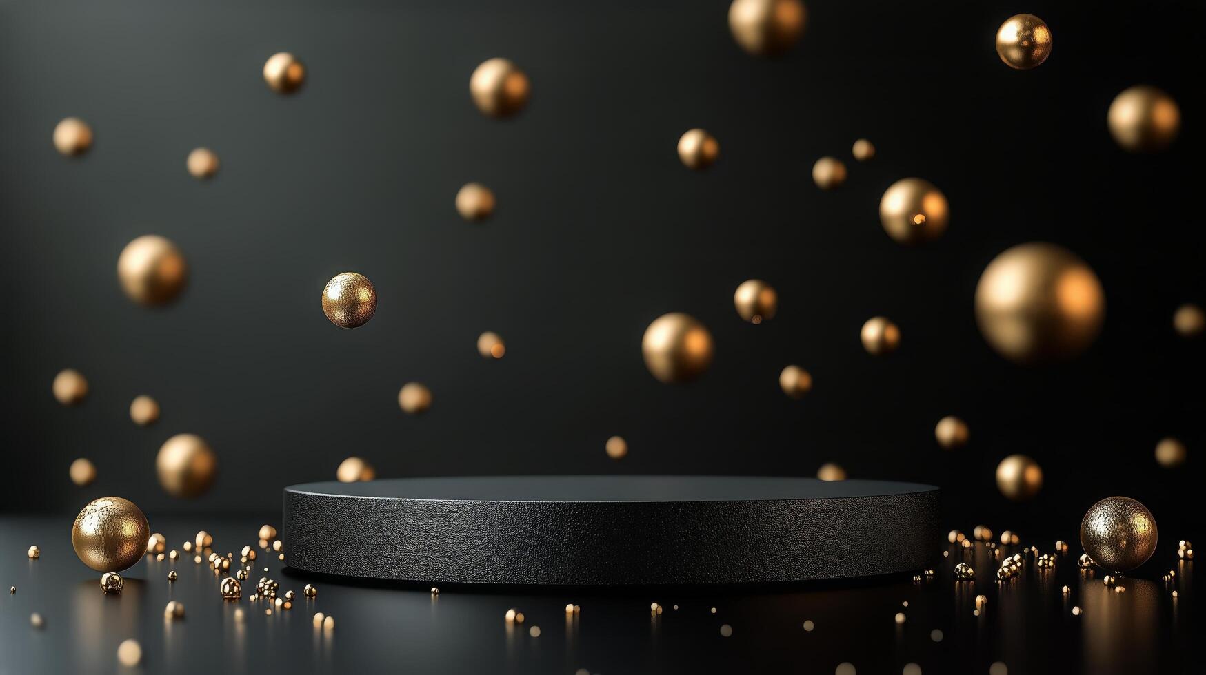 Elevated Display With Golden Spheres Against a Dark Background in Modern Design Setting. photo