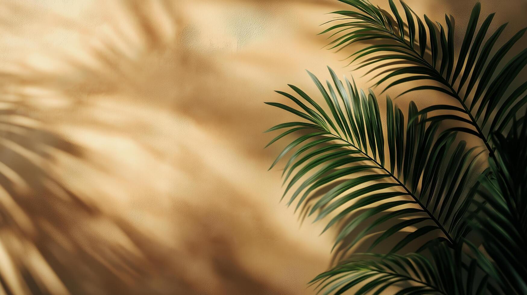 Shadows of Green Leaves Cast on a Warm Golden Wall During Afternoon Light in a Cozy Indoor Space. photo