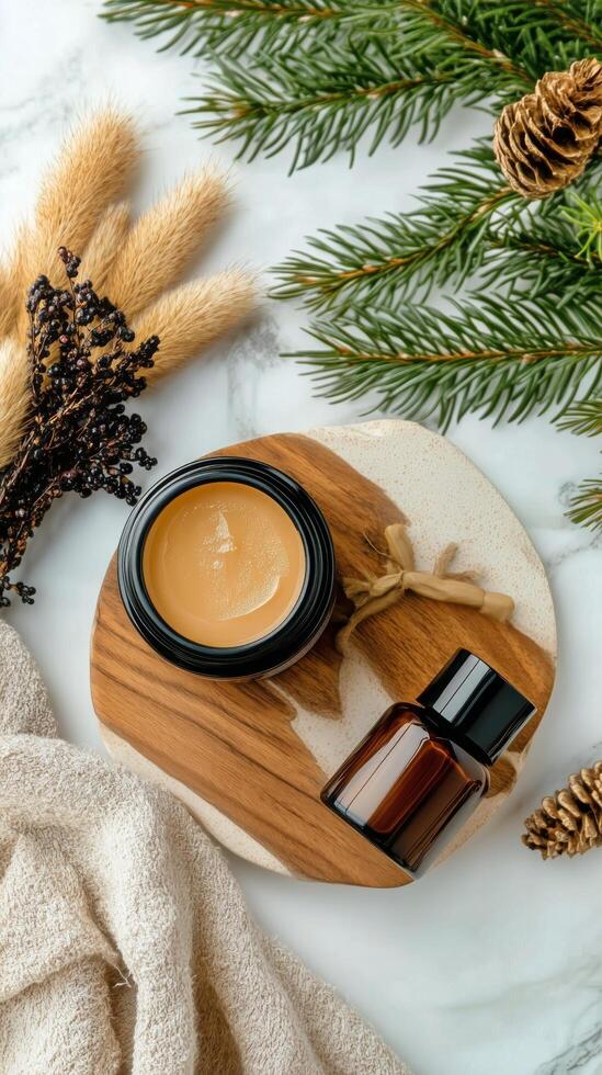 Natural skincare products on wooden surface photo