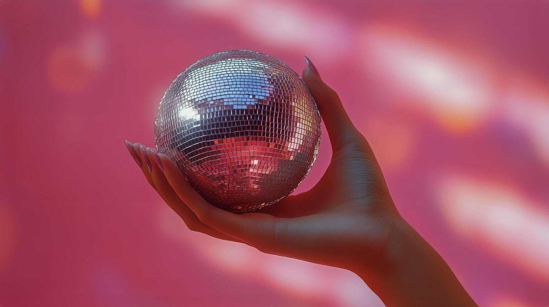 Hand Holding a Disco Ball Against a Pink Background With Soft Lighting Effects. photo