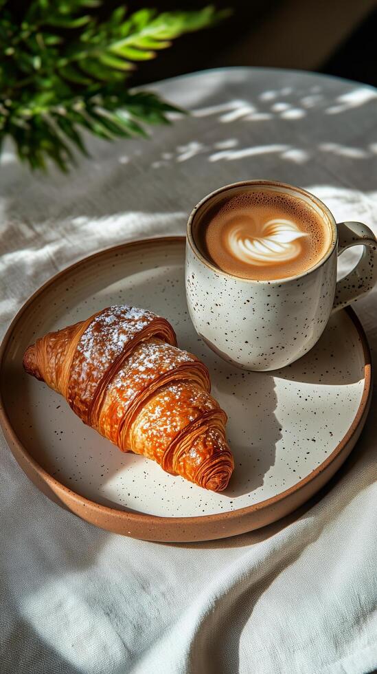 Delicious Croissant and Latte on a Rustic Table in a Cozy Cafe Setting During the Morning photo