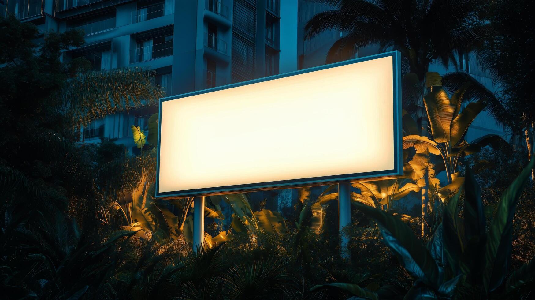 Illuminated Blank Billboard Surrounded by Tropical Plants at Dusk in an Urban Setting photo