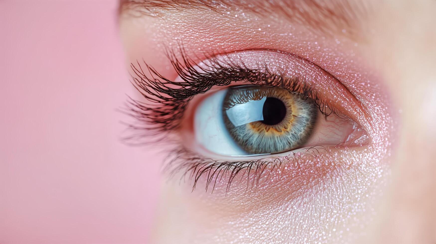 Close up of a Beautifully Styled Eye With Soft Pink Makeup on a Model Against a Light Pink Background. photo