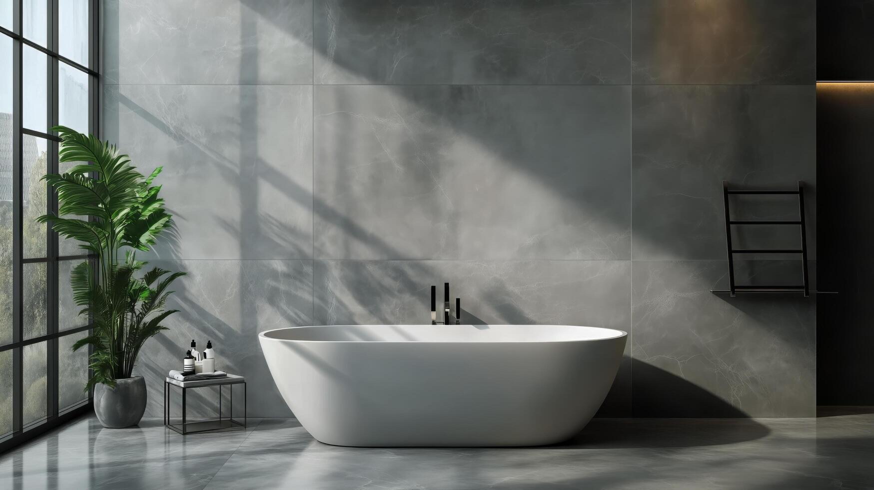 Modern Bathroom Design Featuring a Freestanding Tub and Large Windows With Natural Light photo