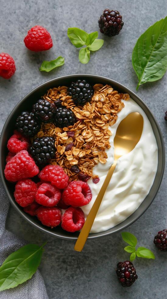 Yogurt bowl with fruits and granola photo