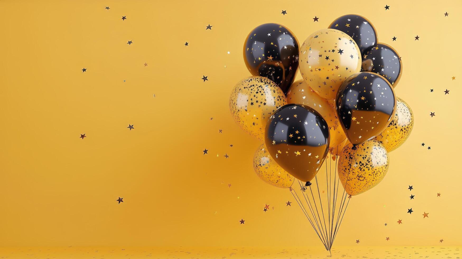 Colorful Black and Gold Balloons Against a Bright Yellow Backdrop for Celebration or Party Decoration. photo