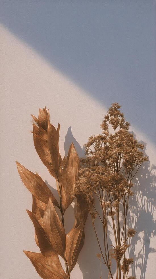 Natural Dried Flowers Cast Shadows on a Simple Wall During the Afternoon Light photo