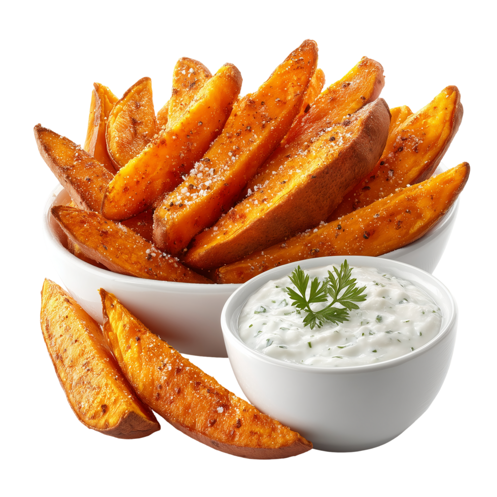 Sweet potato fries with creamy dip appetizer side dish food cuisine isolated on transprint background png