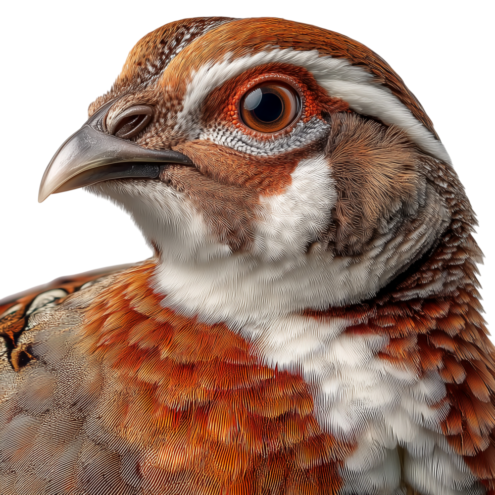 Portrait of a partridge bird with detailed feathers and striking eyes isolated on transprint background png