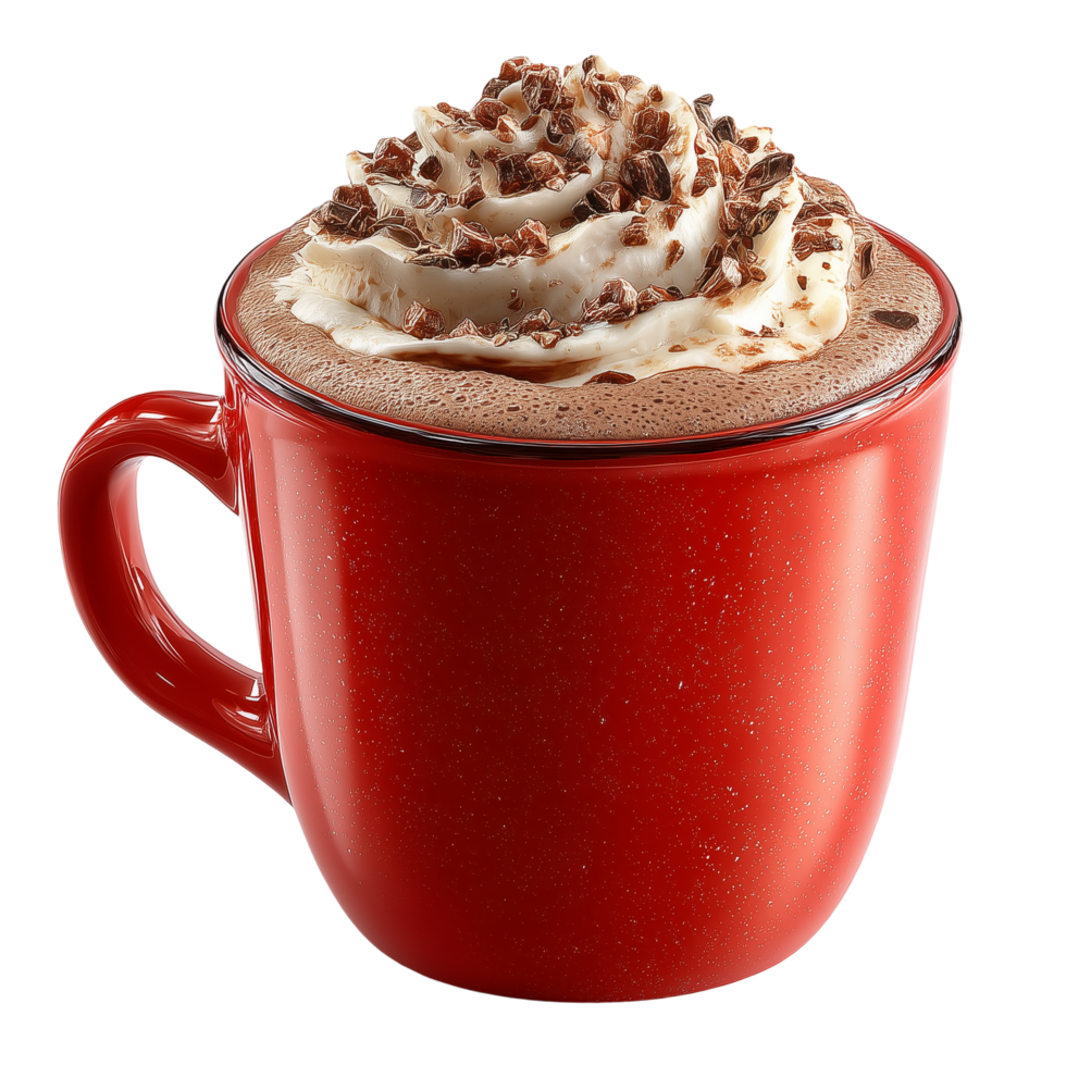 Delicious hot cocoa with whipped cream and chocolate flakes in red mug isolated on transprint background png