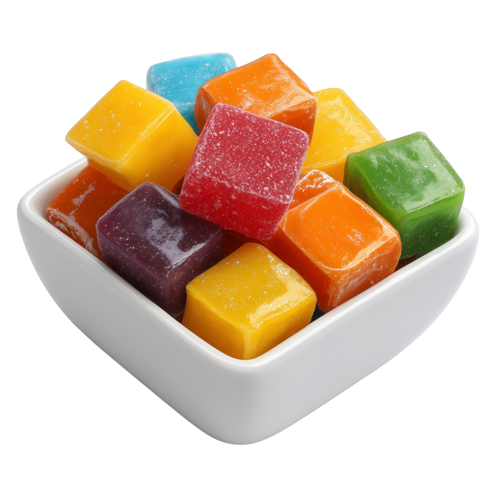 Delicious colorful fruit jelly candies in a bowl sweet treat confectionery isolated on transprint background png