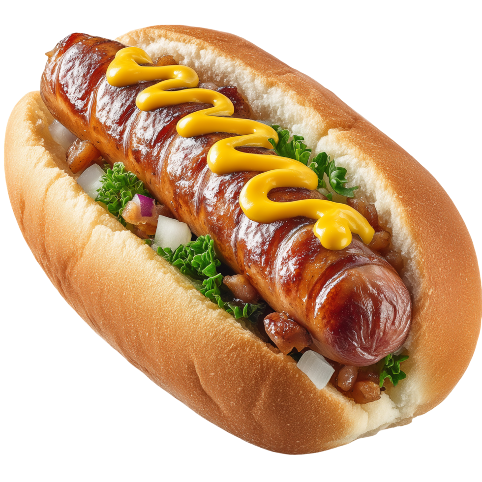 Delicious sausage hotdog with mustard bun and toppings food presentation isolated on transprint background png