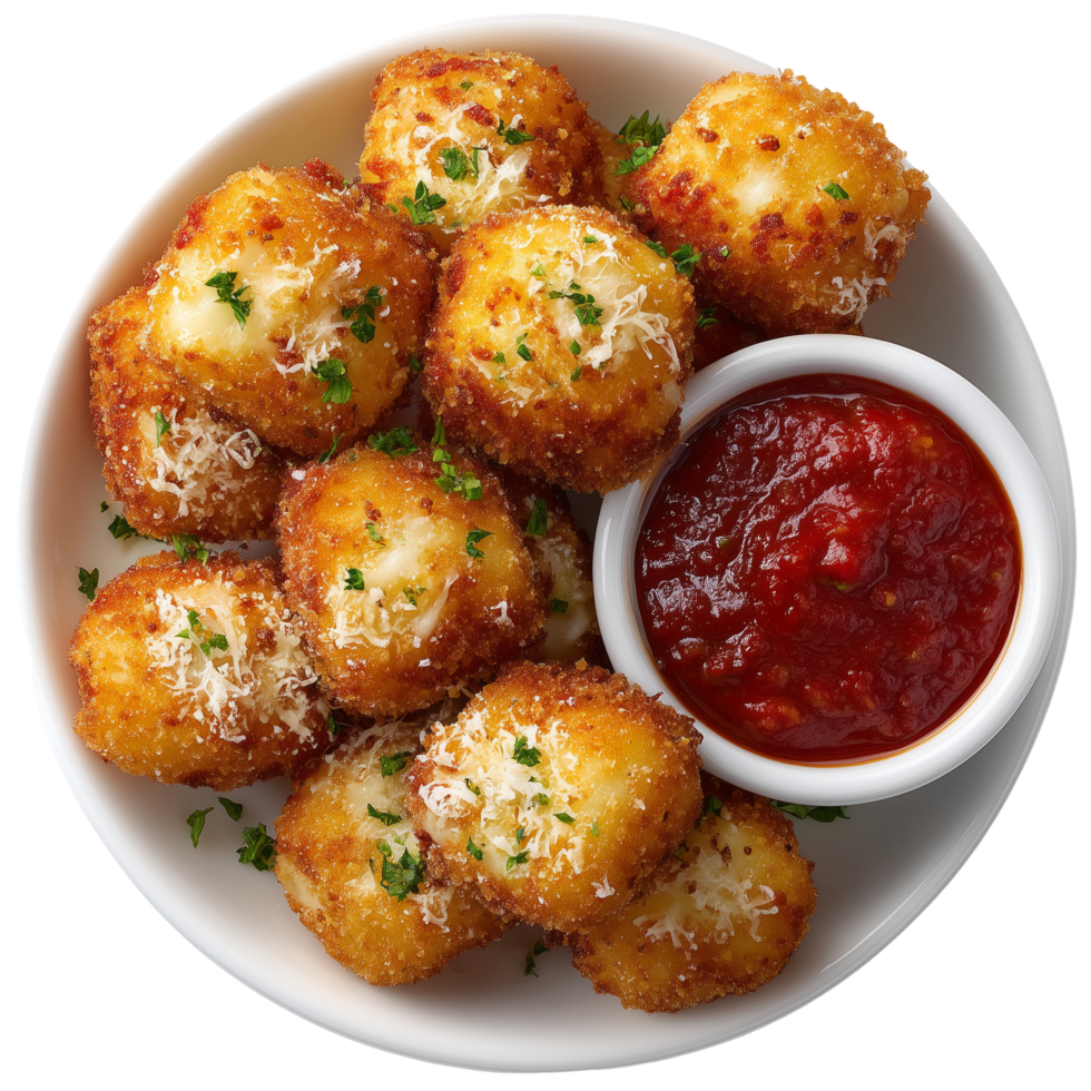 Fried mozzarella cheese balls appetizer with marinara dipping sauce isolated on transprint background png