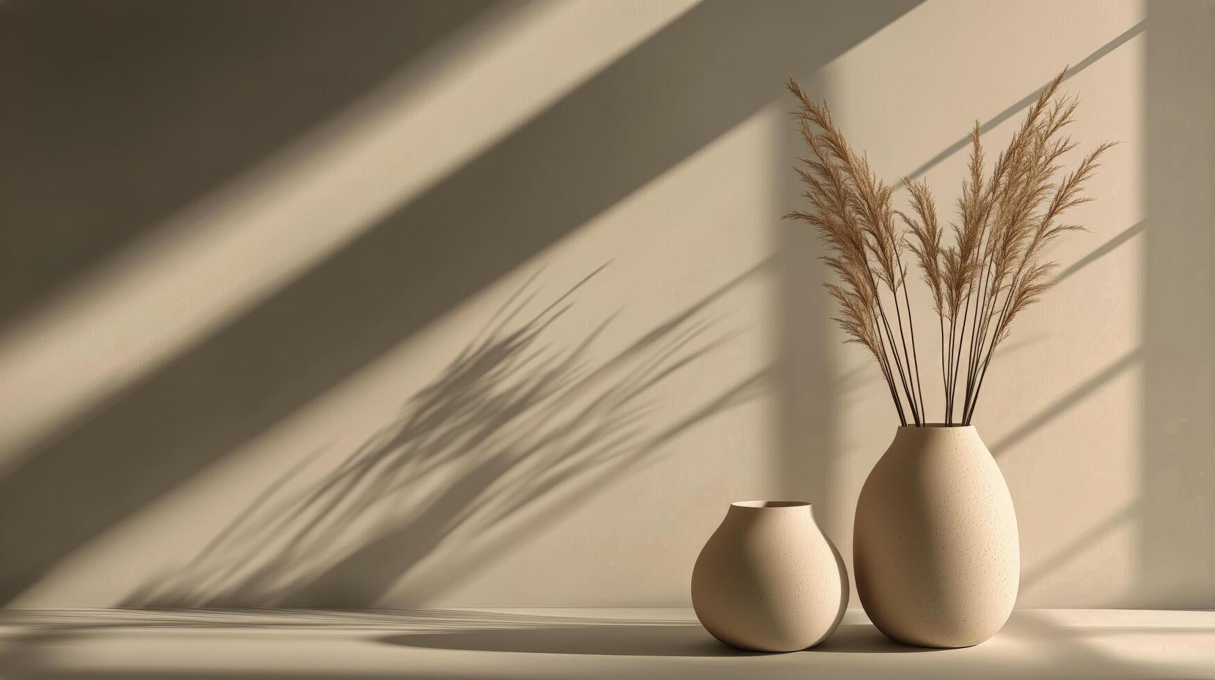 Two Elegant Vases Sit Beside Each Other, Filled With Dried Plants in a Soft, Warm Environment. photo