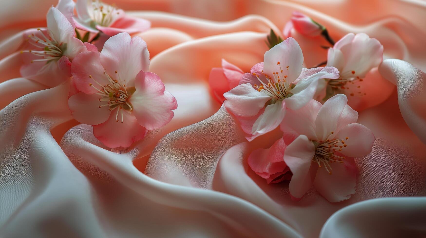 Delicate Pink Cherry Blossoms Scattered on Soft Satin Fabric Creating an Elegant Arrangement photo