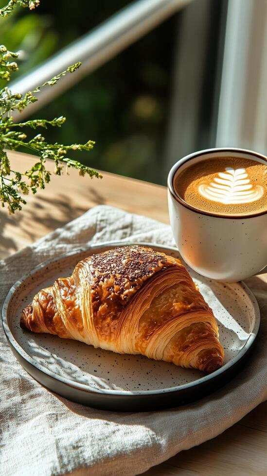 Delicious Croissant and Latte on a Rustic Table in a Cozy Cafe Setting During the Morning. photo