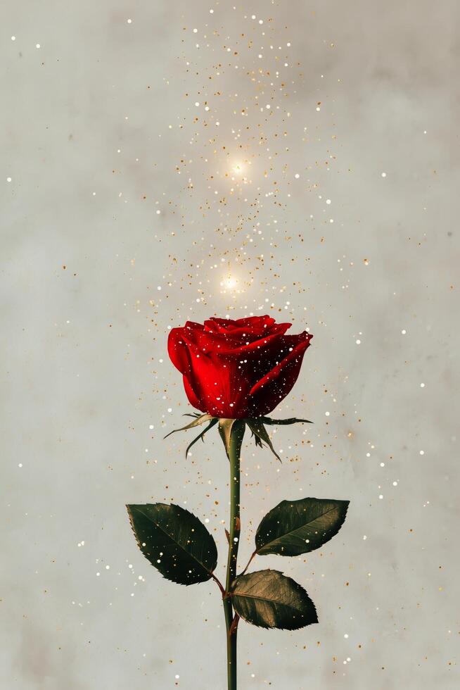 Elegant Red Rose With Golden Sparkles Against a Soft Background Creating a Magical Ambiance photo