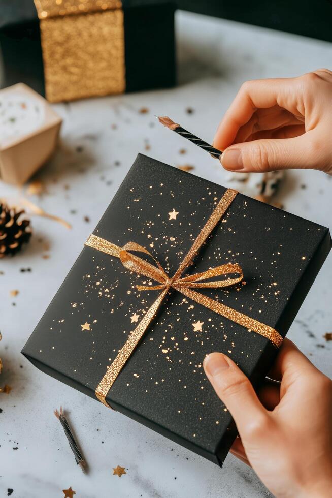 Elegant Black and Gold Gift Boxes Arranged on a Dark Textured Surface With Decorative Elements. photo