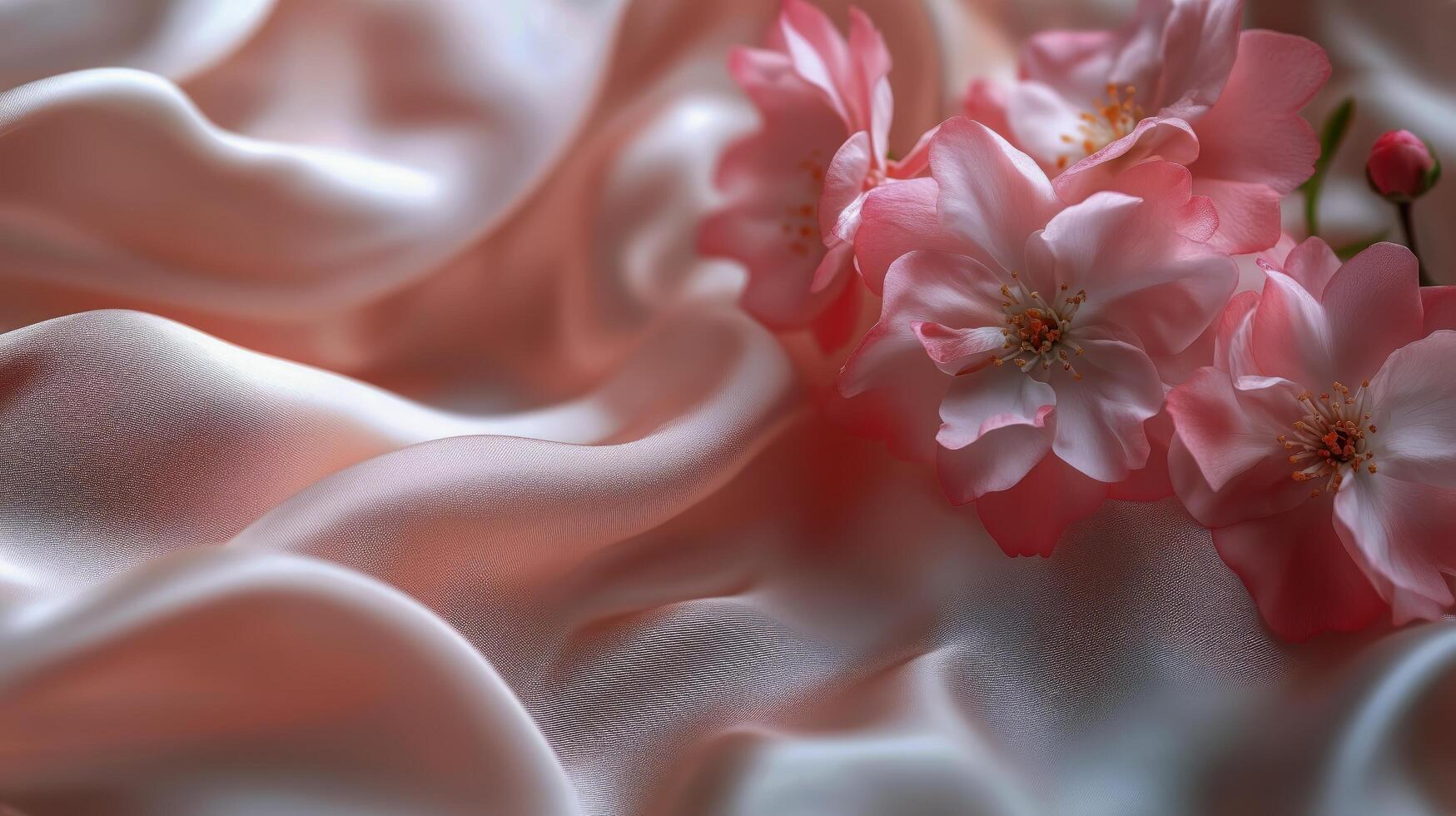 Soft Pink Silk Fabric Draped With Delicate Cherry Blossom Flowers for a Serene Ambiance Display photo