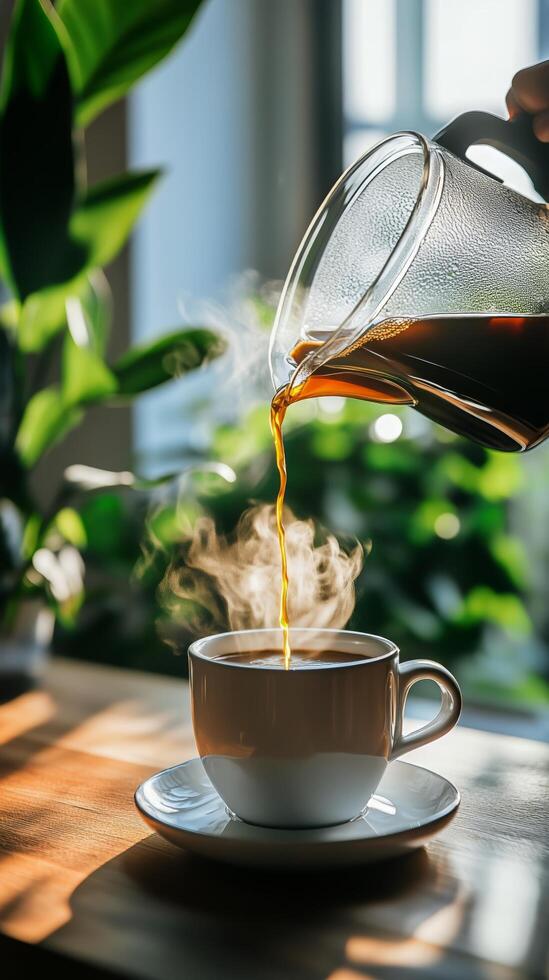 Brewing Coffee in a Cozy Cafe With Warm Lighting and Green Plants in the Background During Morning Hours photo
