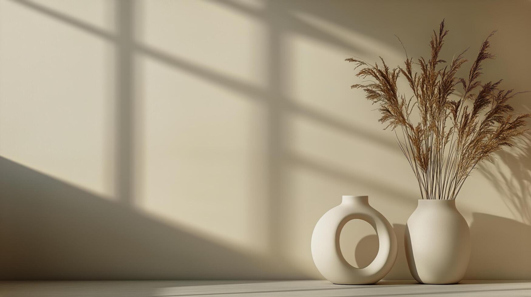 Two Elegant Vases Sit Beside Each Other, Filled With Dried Plants in a Soft, Warm Environment photo