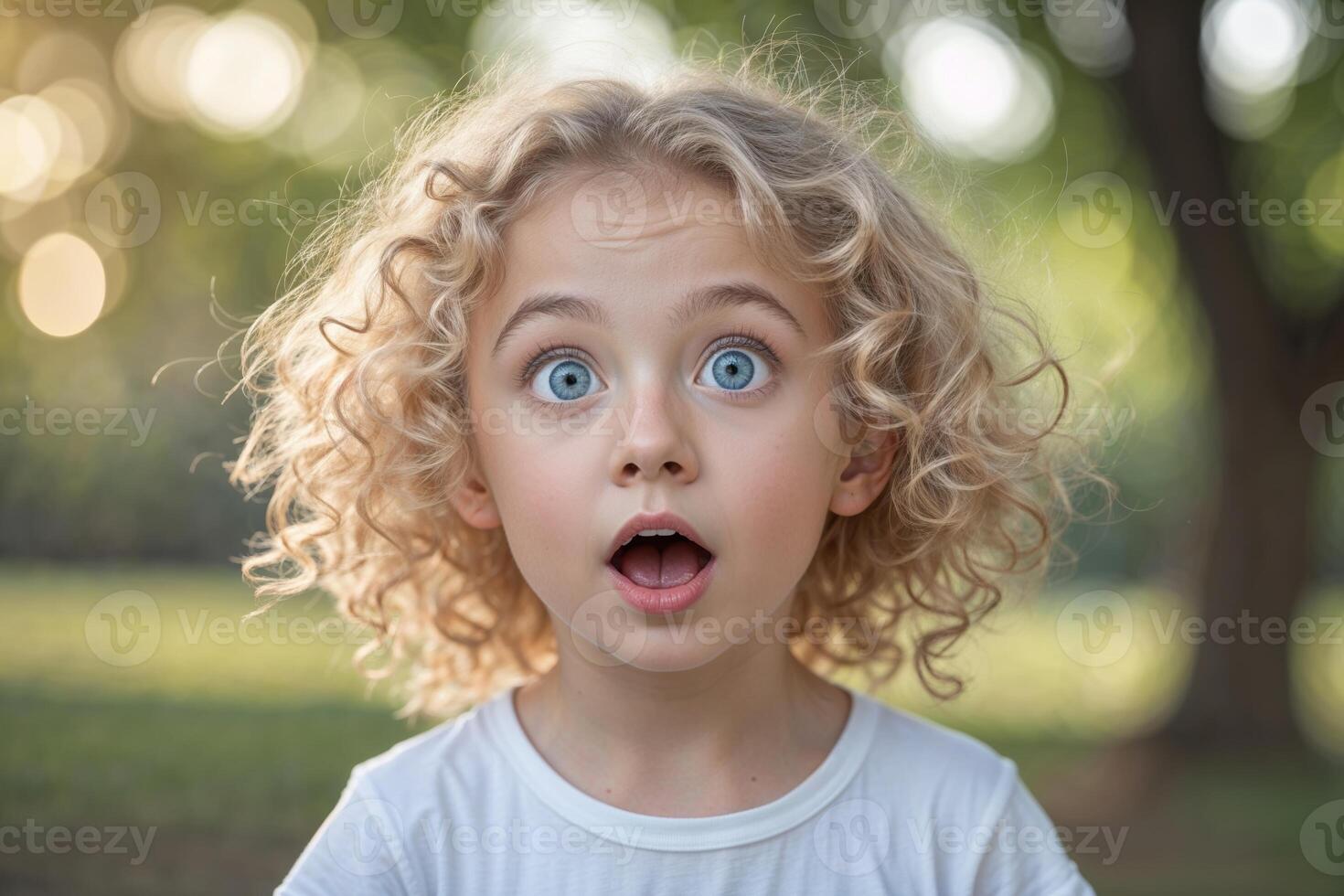 Portrait of Young Girl with Blond Curly Hair and Surprised Expression photo