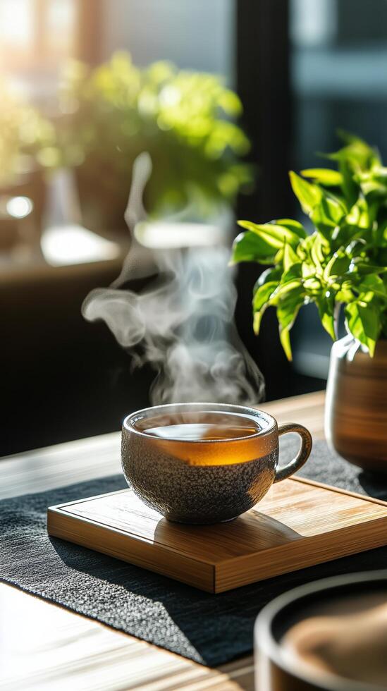 Steaming cup of tea on a table photo