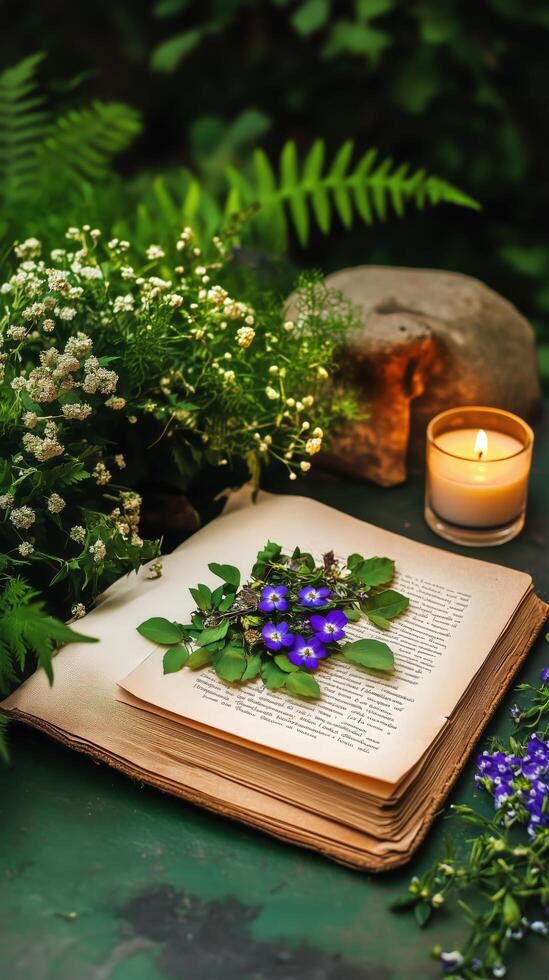 Floral arrangement on an open book photo