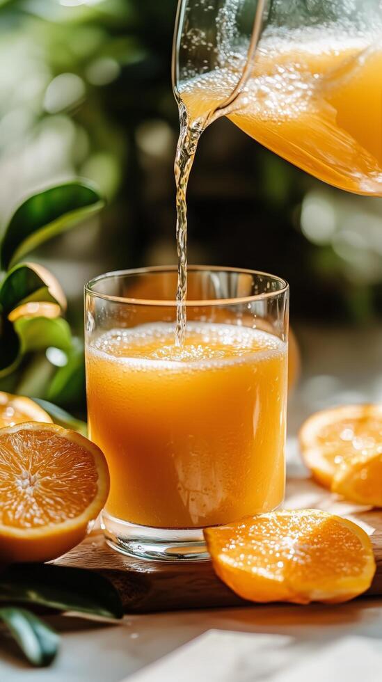 Pouring fresh orange juice into a glass photo