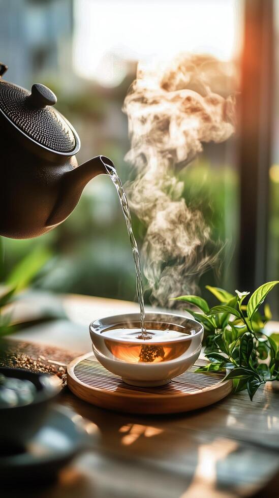 Tea pouring into a white cup photo