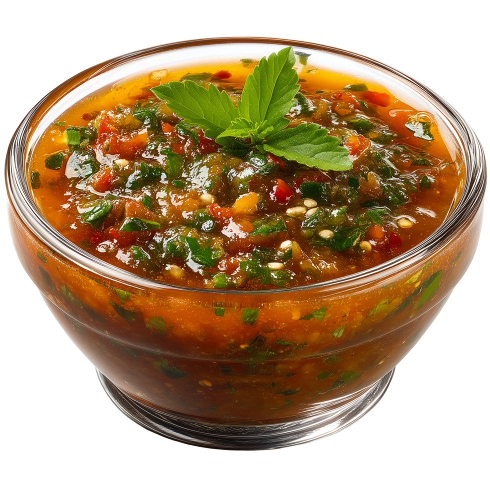 A bowl of salsa with green leaves and herbs png