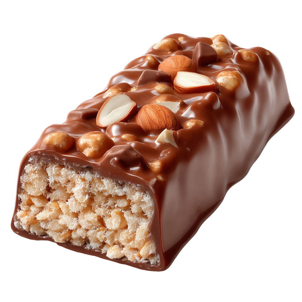 Delicious chocolate almond bar with nuts and wafer for snack time treat isolated on transprint background png