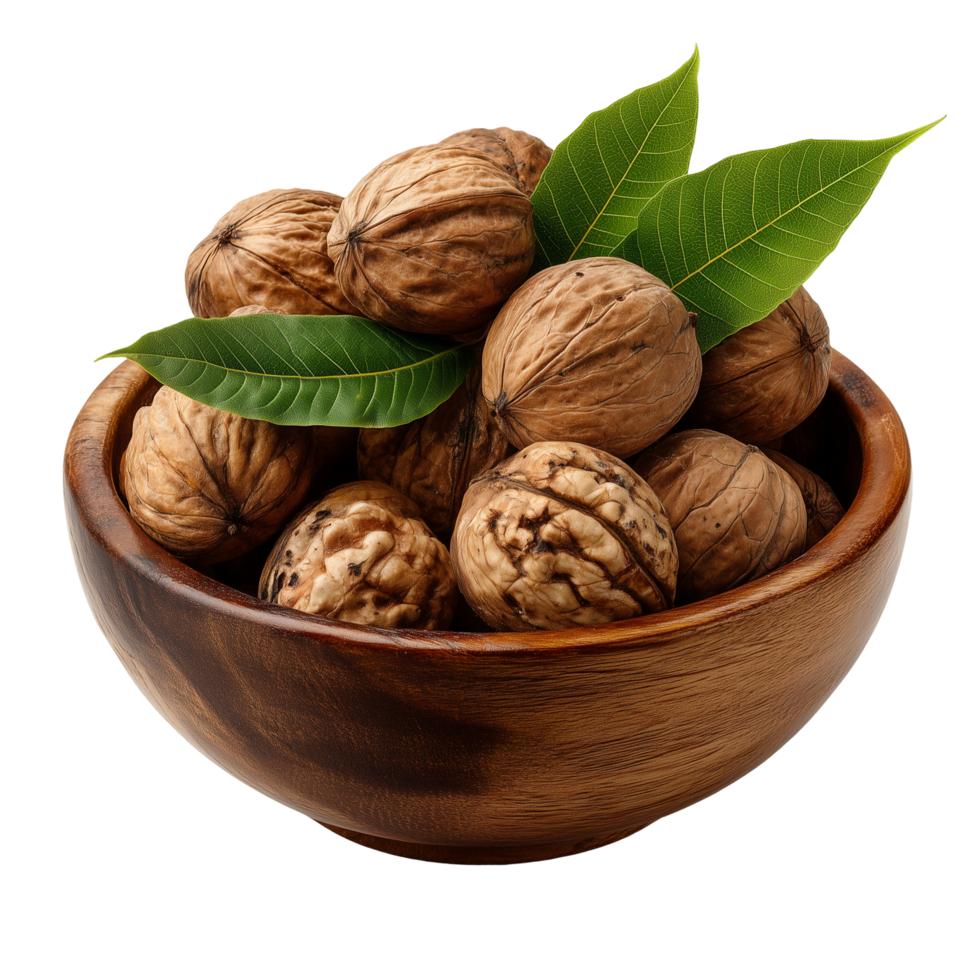 Walnuts in a wooden bowl with leaves png