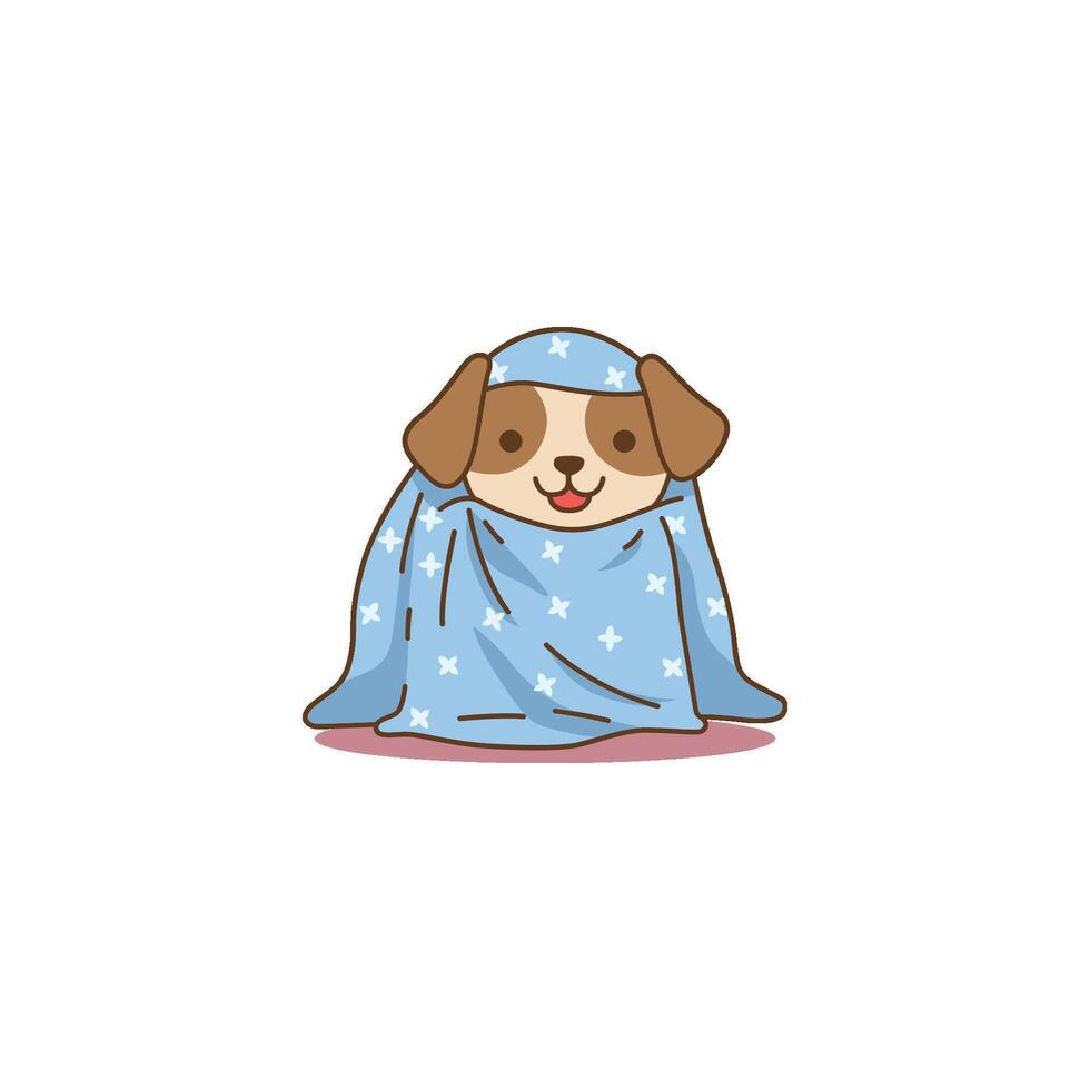 An icon of a cute cartoon puppy wrapped snugly in a blue blanket, symbolizing coziness, comfort, and warmth. vector
