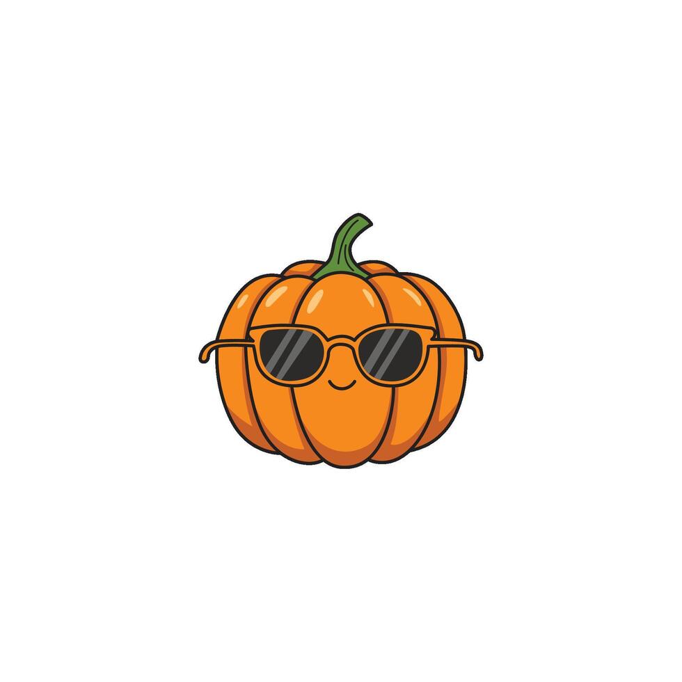 An icon of a cute cartoon orange pumpkin wearing black sunglasses, portraying a cool, laid-back, or mysterious look. vector