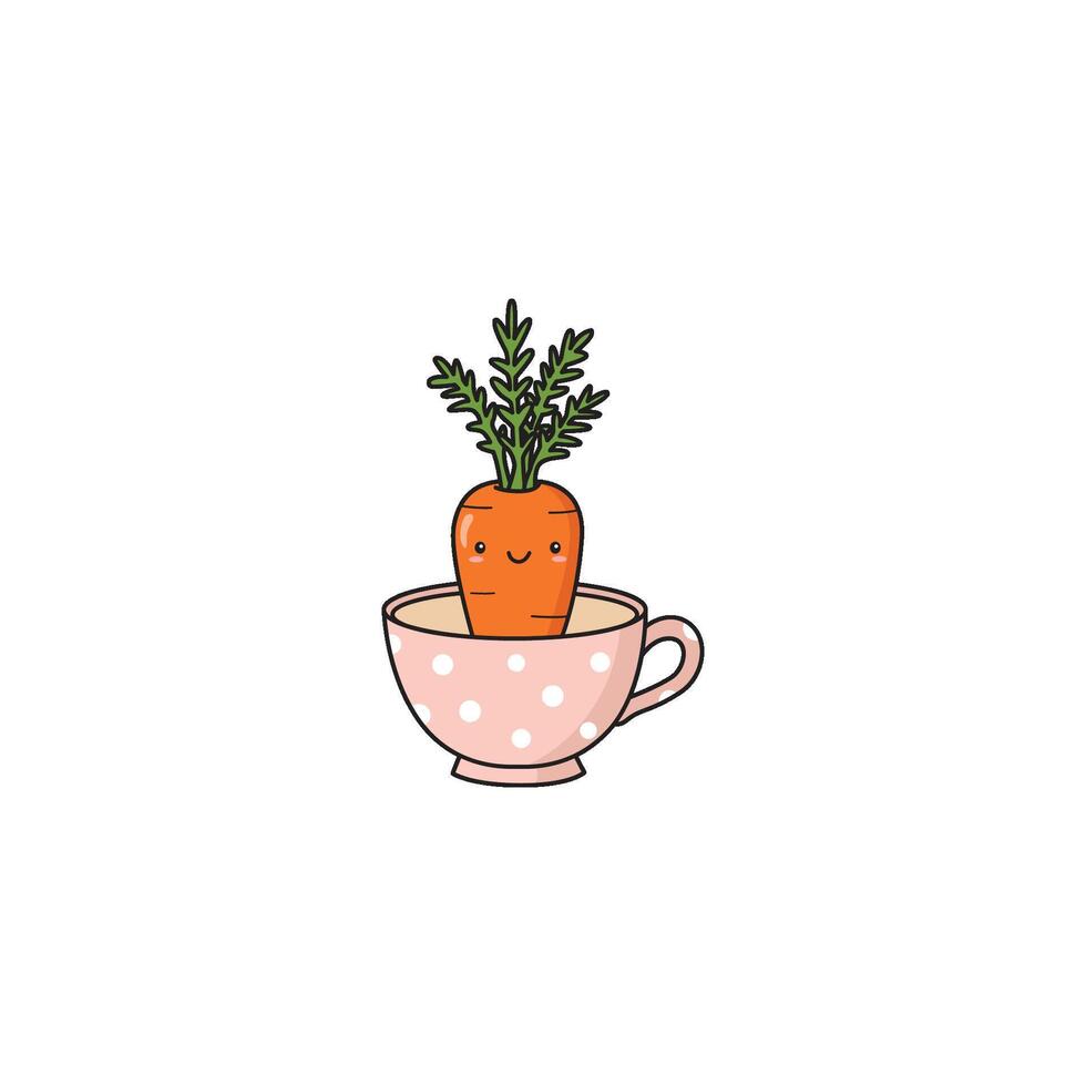 An icon of a cute cartoon carrot with a smiling face and green leafy top, placed inside a pink polka-dotted teacup. vector