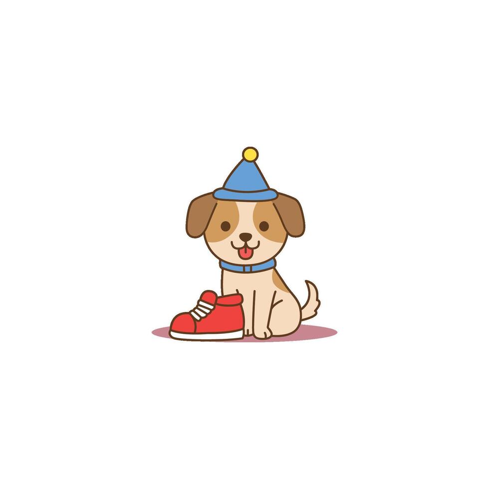 An icon of a cute cartoon puppy wearing a blue party hat and with a red shoe on its head, symbolizing playfulness, mischief, and a humorous moment. vector