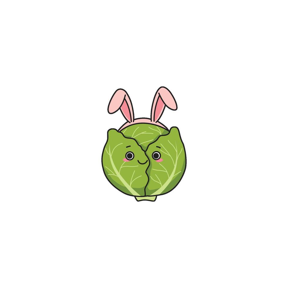 An icon of a cute cartoon green cabbage wearing pink bunny ears, symbolizing cuteness, playfulness, or an Easter theme. vector