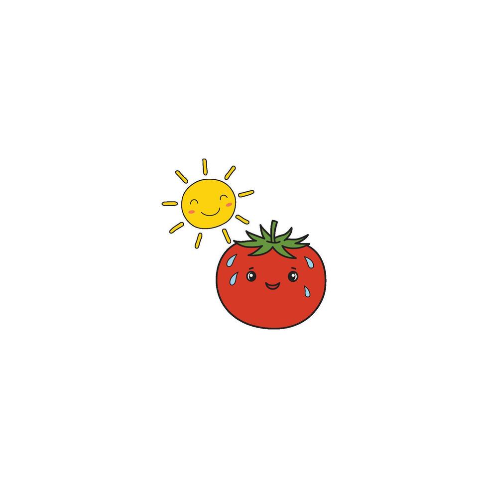 An icon of a cute cartoon red tomato with a smiling sun icon above it, symbolizing summer and sunshine. vector