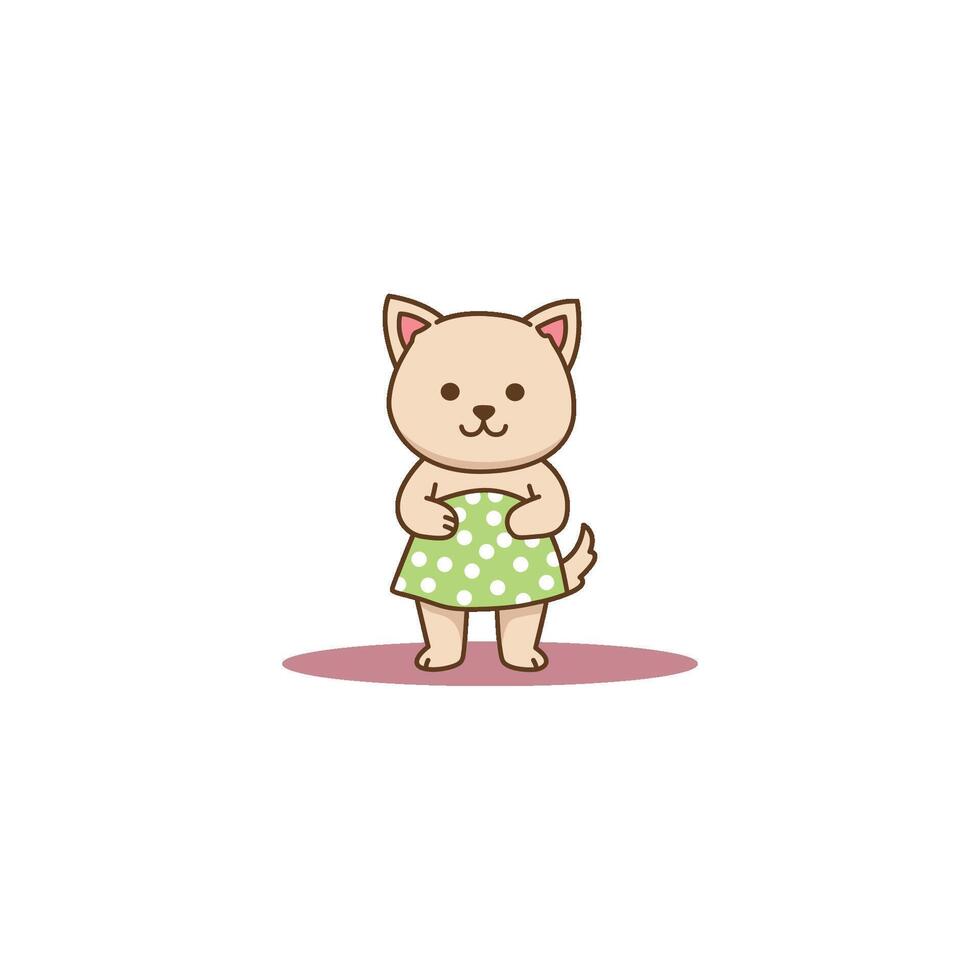 An icon of a cute cartoon puppy standing and wearing a green polka-dot dress, symbolizing fashion, cuteness, and a playful outfit. vector