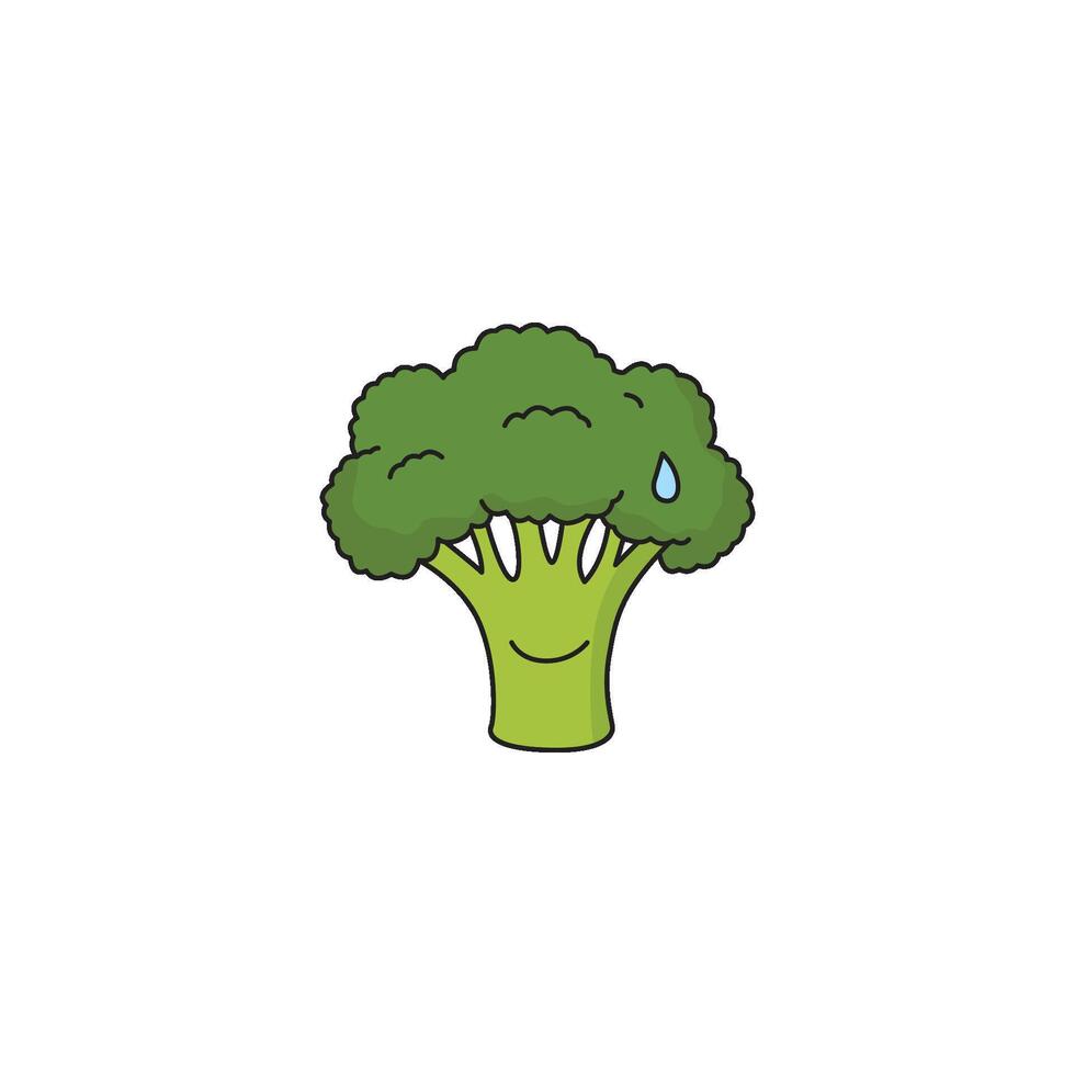 An icon of a cute cartoon broccoli floret with sweat drops, suggesting nervousness, exertion, or being overwhelmed. vector