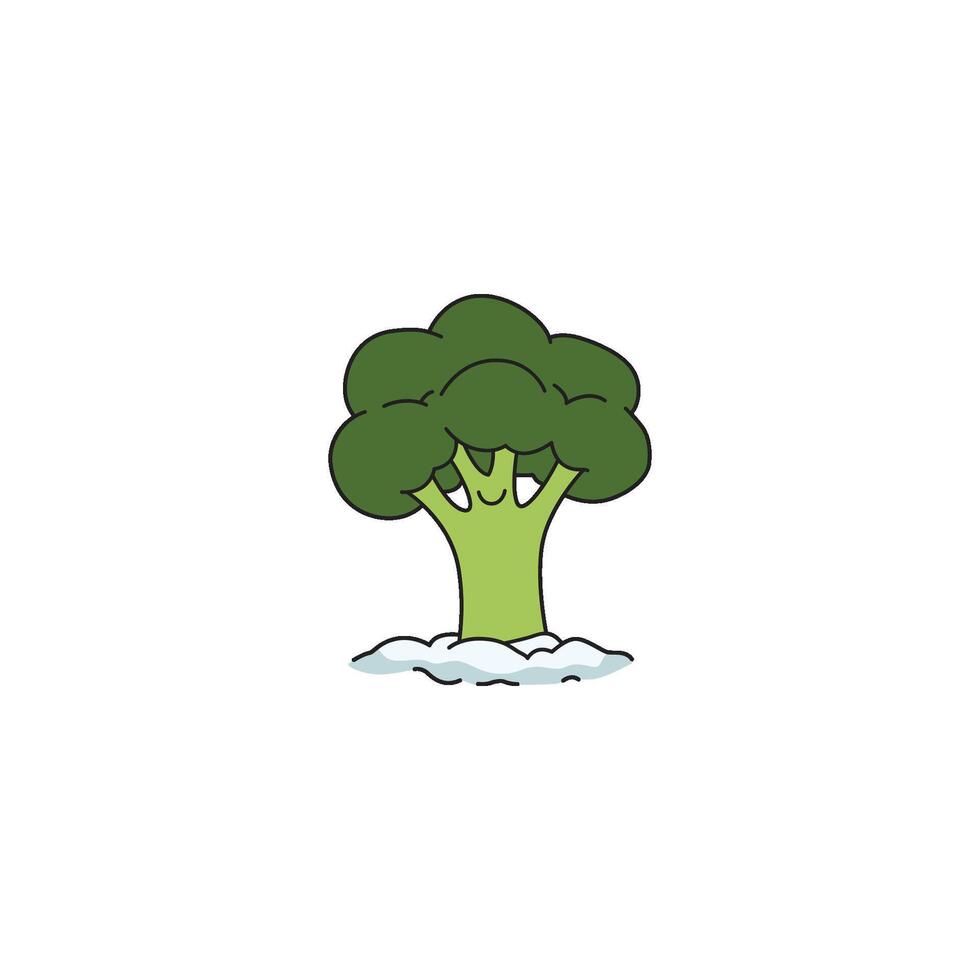 An icon of a cute cartoon broccoli floret partially covered in snow, indicating winter or frosty conditions. vector