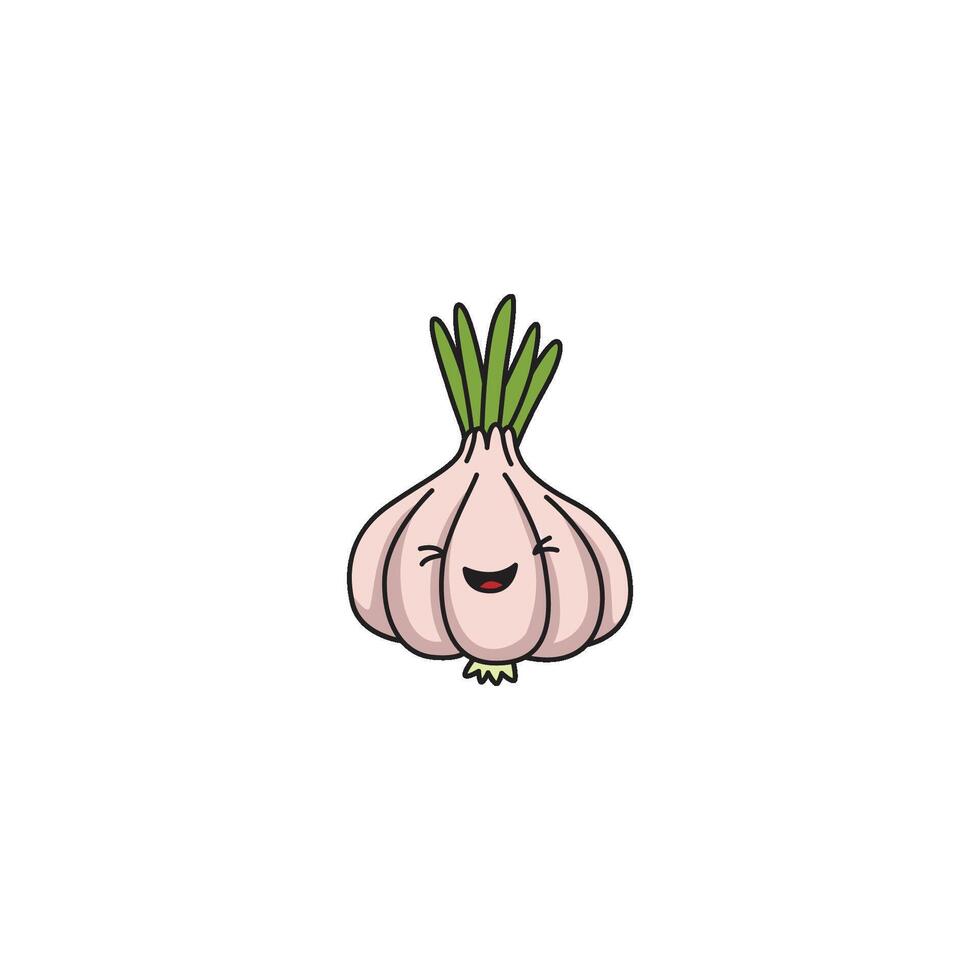 An icon of a cute cartoon garlic bulb with a happy smile, suggesting flavorful and aromatic qualities. vector