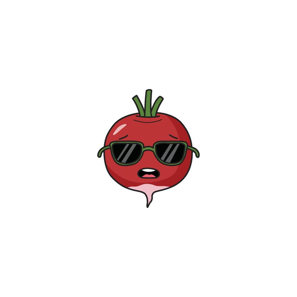 An icon of a cute cartoon radish wearing cool sunglasses, portraying a confident or unbothered attitude. vector