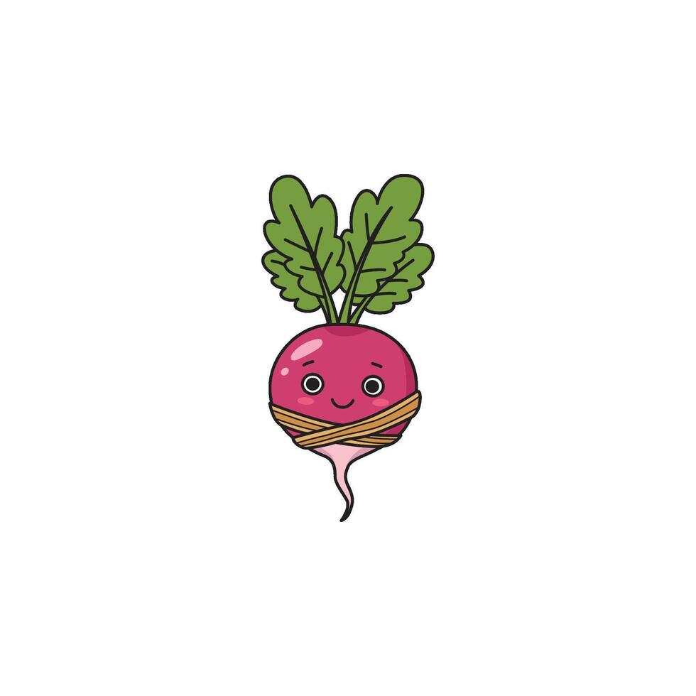 An icon of a cute cartoon radish wearing a red and white bandana, giving it a cool, adventurous, or rebellious vibe. vector