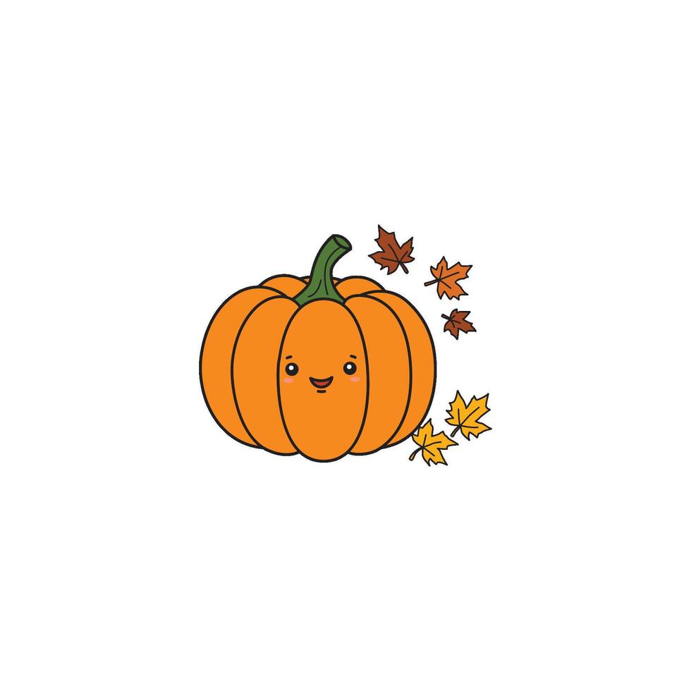 An icon of a cute cartoon orange pumpkin with autumn leaves scattered around it, symbolizing the fall season. vector