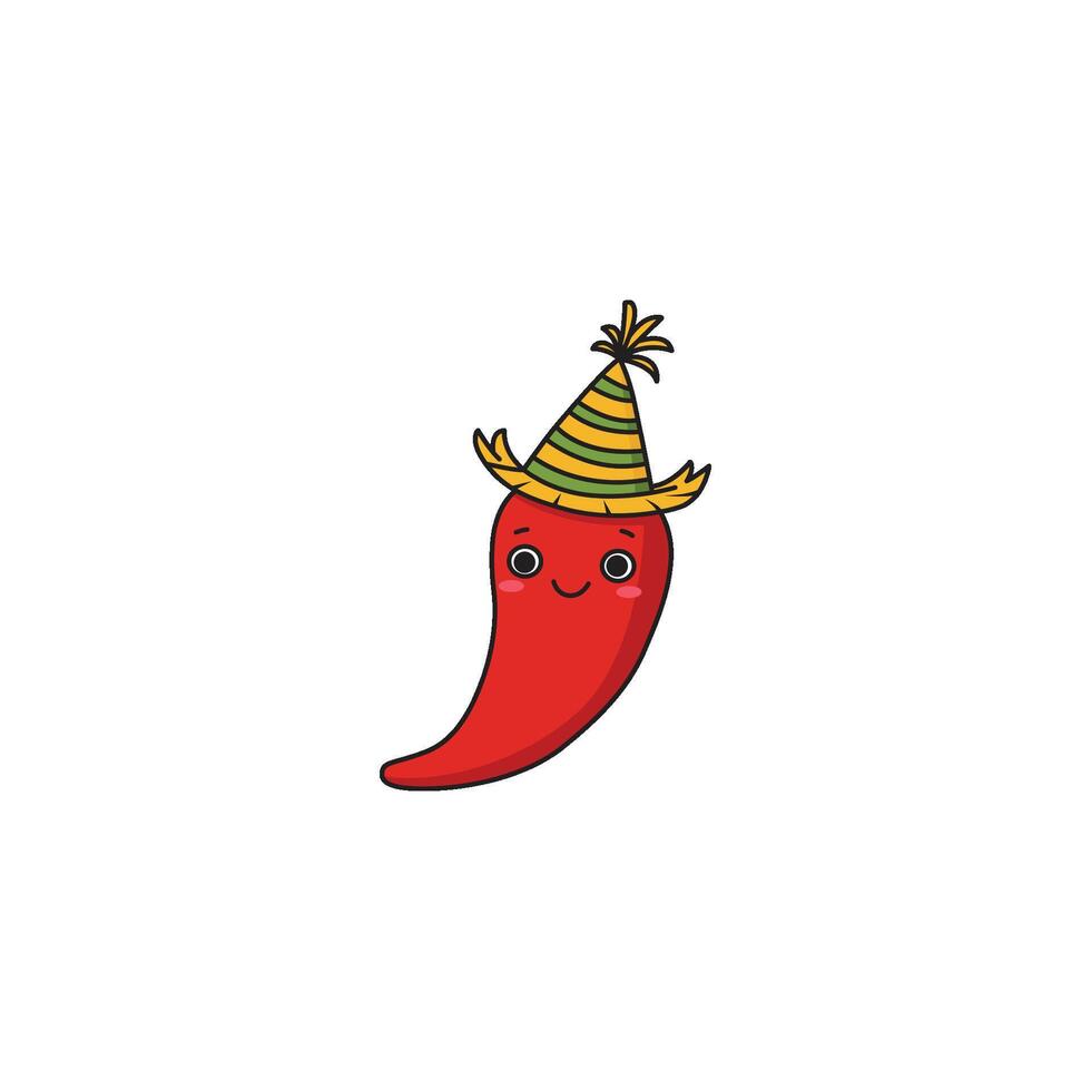 An icon of a cute cartoon red chili pepper wearing a striped party hat, indicating a festive or celebratory mood. vector