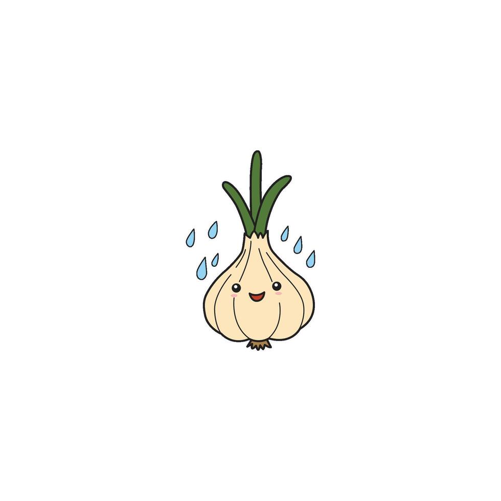 An icon of a cute cartoon garlic bulb with raindrops falling around it, indicating rainy weather or a moist environment. vector