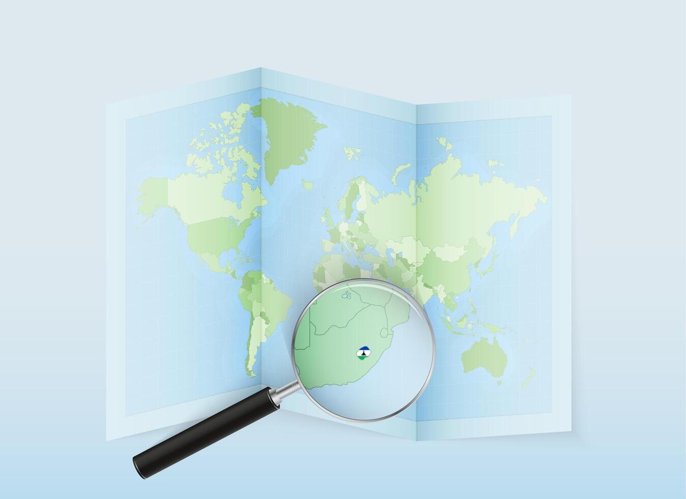 A folded world map with a magnifying lens pointing towards Lesotho. Map and flag of Italy in loupe. vector