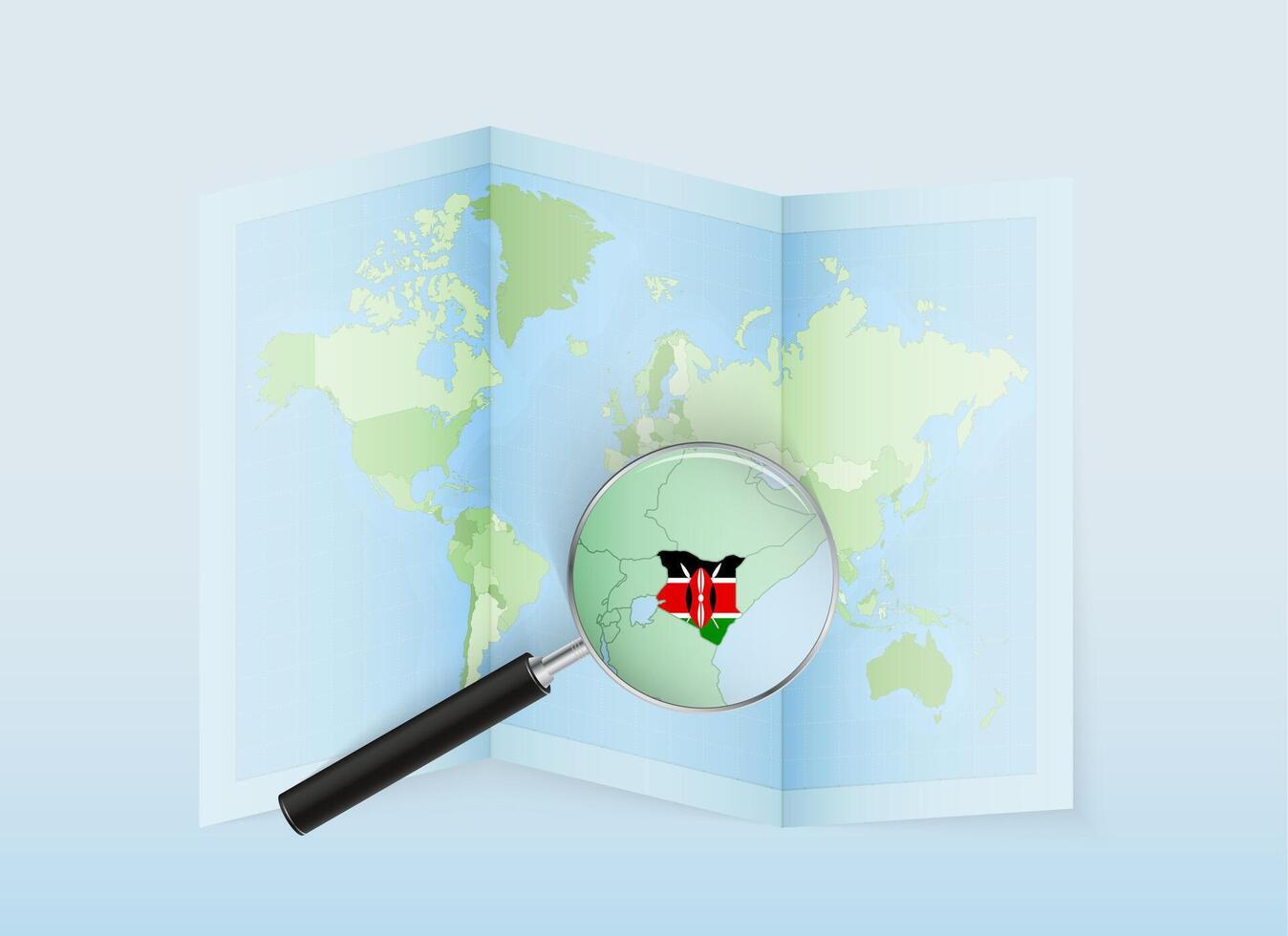 A folded world map with a magnifying lens pointing towards Kenya. Map and flag of Italy in loupe. vector